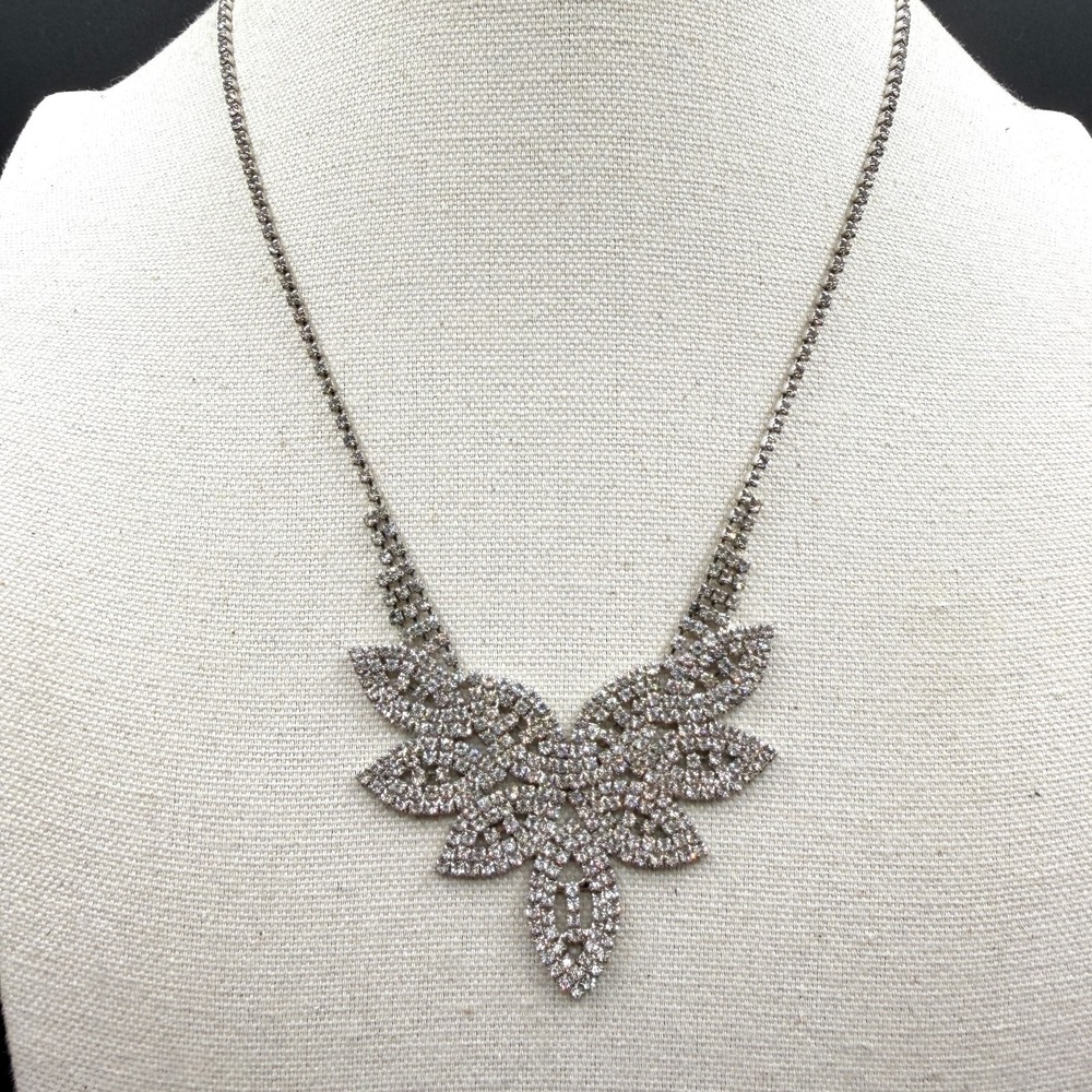 Rhinestone Leaf Statement Necklace Silver Tone Crystal Floral Bib Collar Jewelry